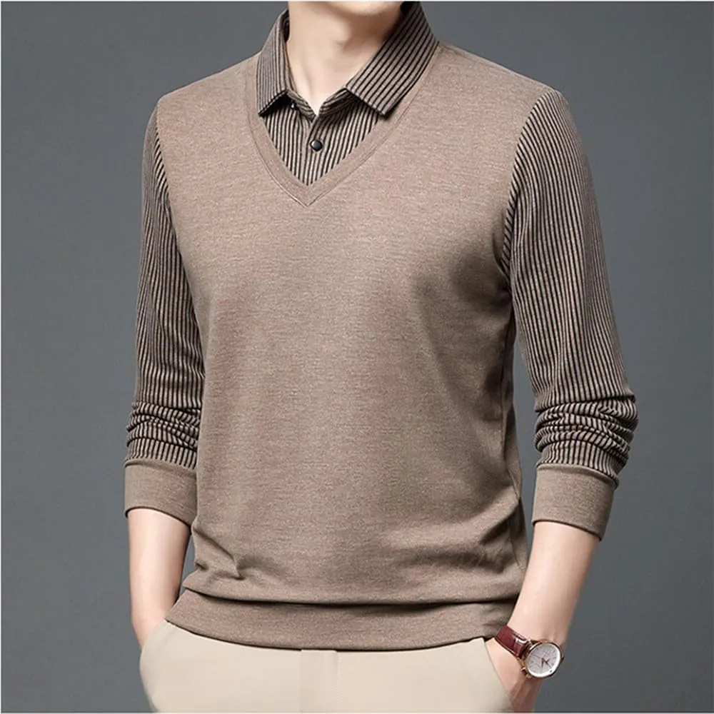 Men's Fake 2-Piece Knitted Shirt,Warm Anti-Wrinkle Two-Piece,Business Casual Fleece Thickening Dress Polo Shirts