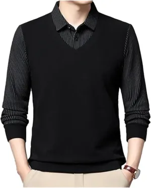 Men's Fake 2-Piece Knitted Shirt,Warm Anti-Wrinkle Two-Piece,Business Casual Fleece Thickening Dress Polo Shirts