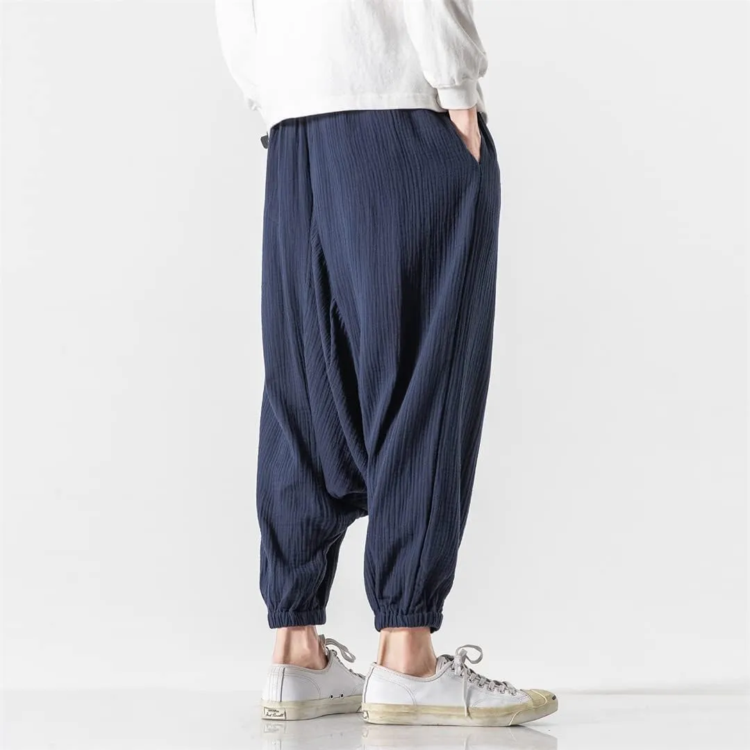 Men's Harem Pants Baggy Solid Cross Pants Retro Streetwear Wide Legs Pants Joggers Cotton Linen Trousers
