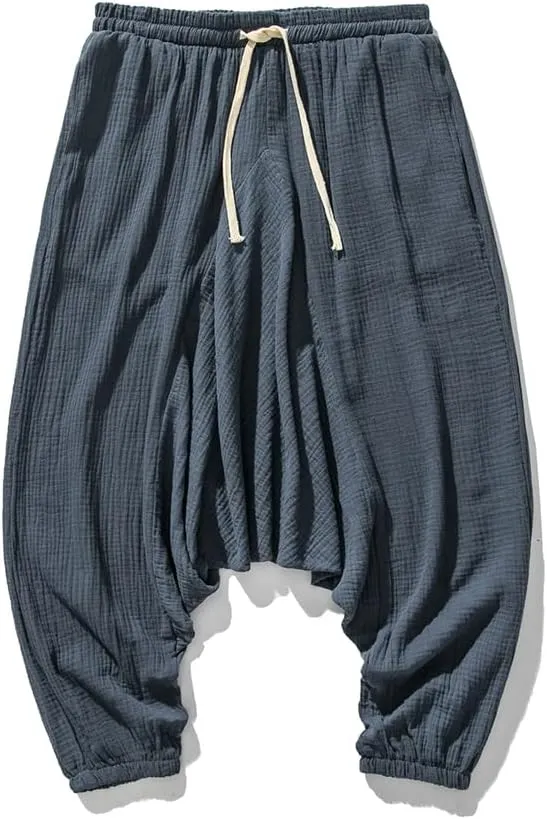 Men's Harem Pants Baggy Solid Cross Pants Retro Streetwear Wide Legs Pants Joggers Cotton Linen Trousers