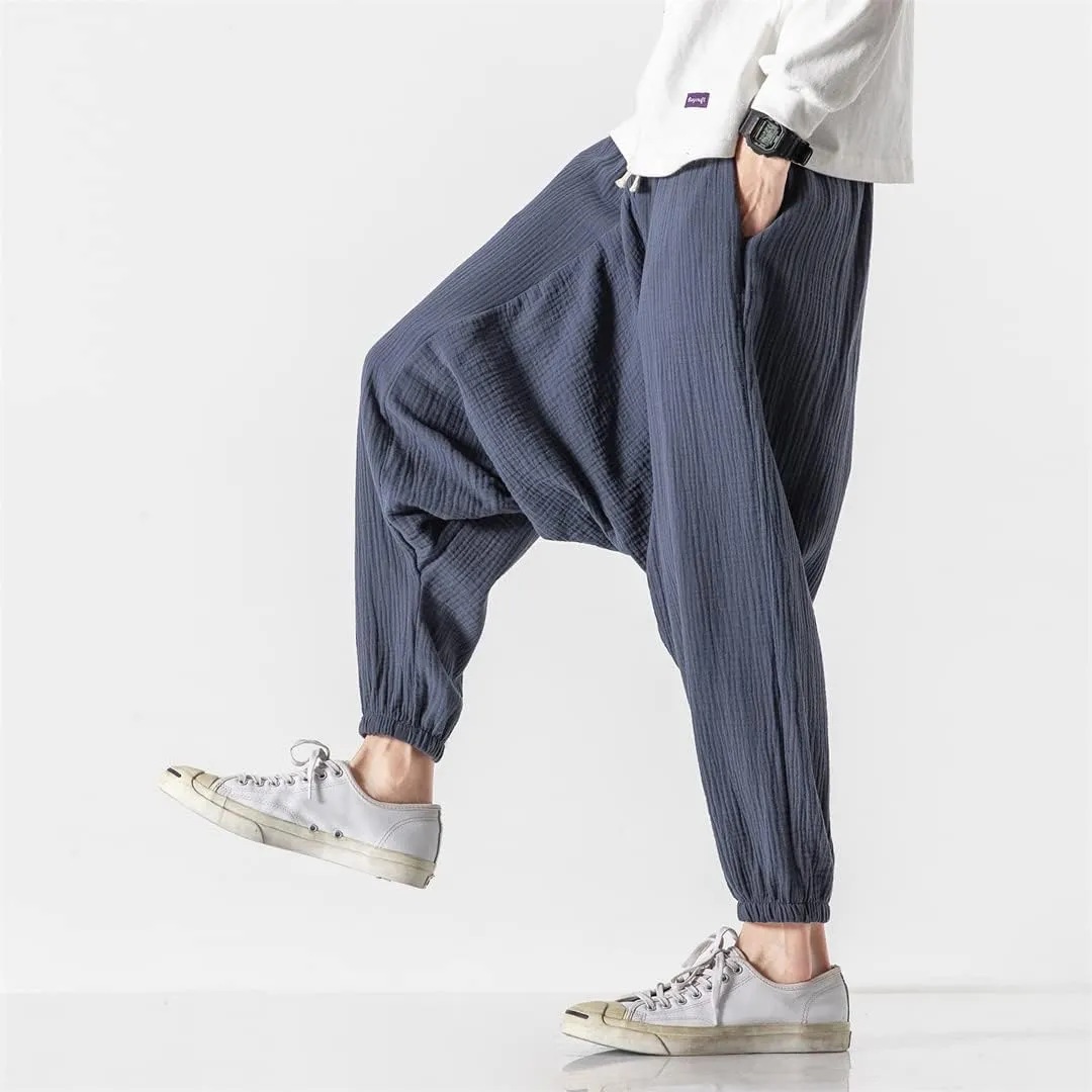 Men's Harem Pants Baggy Solid Cross Pants Retro Streetwear Wide Legs Pants Joggers Cotton Linen Trousers