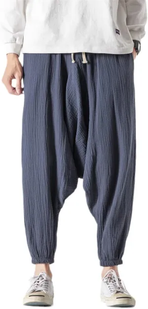 Men's Harem Pants Baggy Solid Cross Pants Retro Streetwear Wide Legs Pants Joggers Cotton Linen Trousers