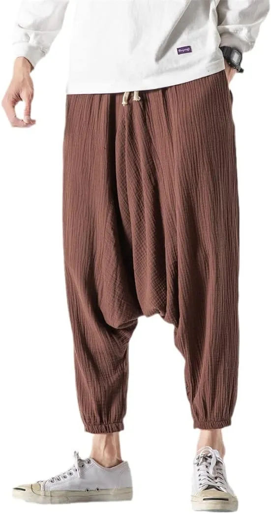 Men's Harem Pants Baggy Solid Cross Pants Retro Streetwear Wide Legs Pants Joggers Cotton Linen Trousers