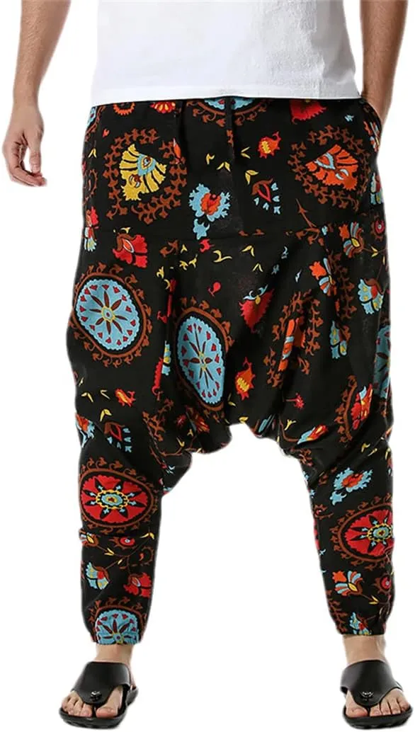 Men's Hippie Baggy Boho Yoga Harem Pants African Pattern Print Sweatpants Casual Hip Hop Pant