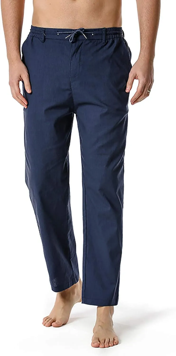 Mens Slim Fit Cotton Linen Pants Straight Leg Elastic Waist Classic Chino Pants Lightweight Beach Yoga Trousers with Pockets
