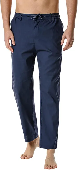 Mens Slim Fit Cotton Linen Pants Straight Leg Elastic Waist Classic Chino Pants Lightweight Beach Yoga Trousers with Pockets
