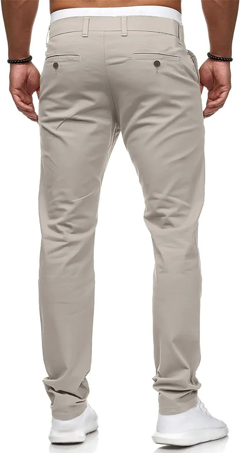 Men's Stretch Dress Pants Slim Fit Skinny Suit Pants Flat Front Chino Pant Elastic Waist Lightweight Pant w/Pockets