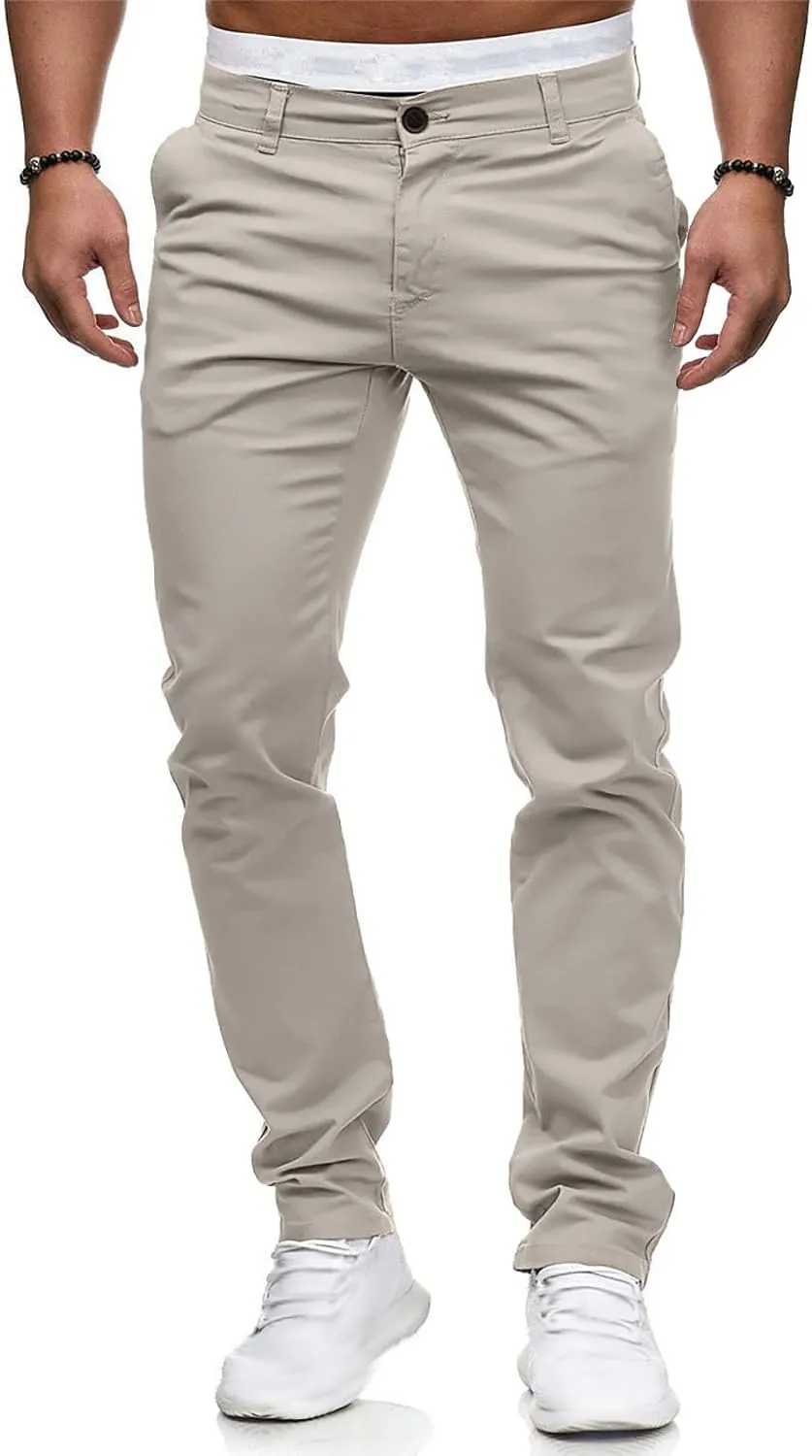 Men's Stretch Dress Pants Slim Fit Skinny Suit Pants Flat Front Chino Pant Elastic Waist Lightweight Pant w/Pockets