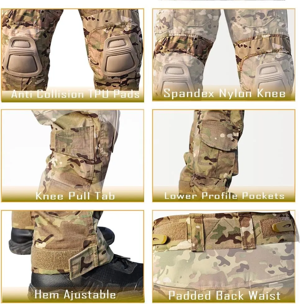 Mens Tactical Pants with Knee Pads Camo Cargo Pants Waterproof Hiking Pants 10 Pockets No Belt