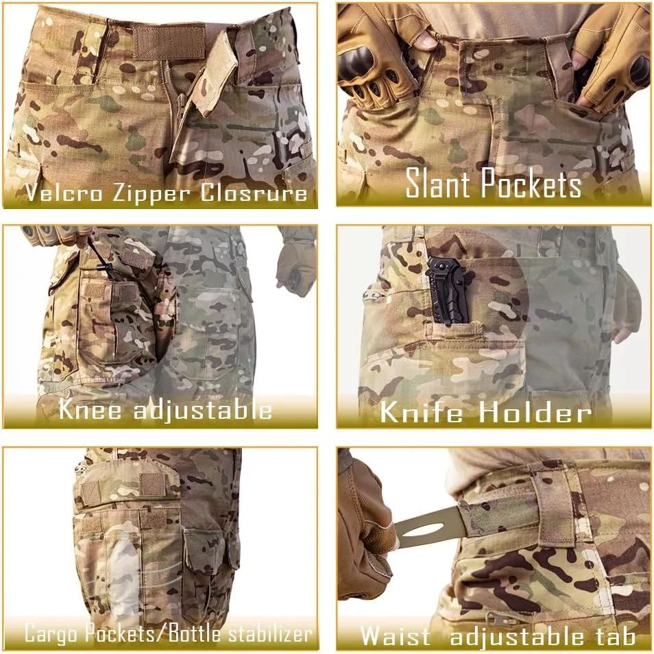 Mens Tactical Pants with Knee Pads Camo Cargo Pants Waterproof Hiking Pants 10 Pockets No Belt