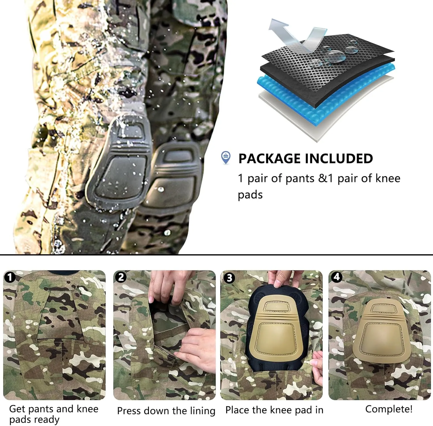 Mens Tactical Pants with Knee Pads Camo Cargo Pants Waterproof Hiking Pants 10 Pockets No Belt