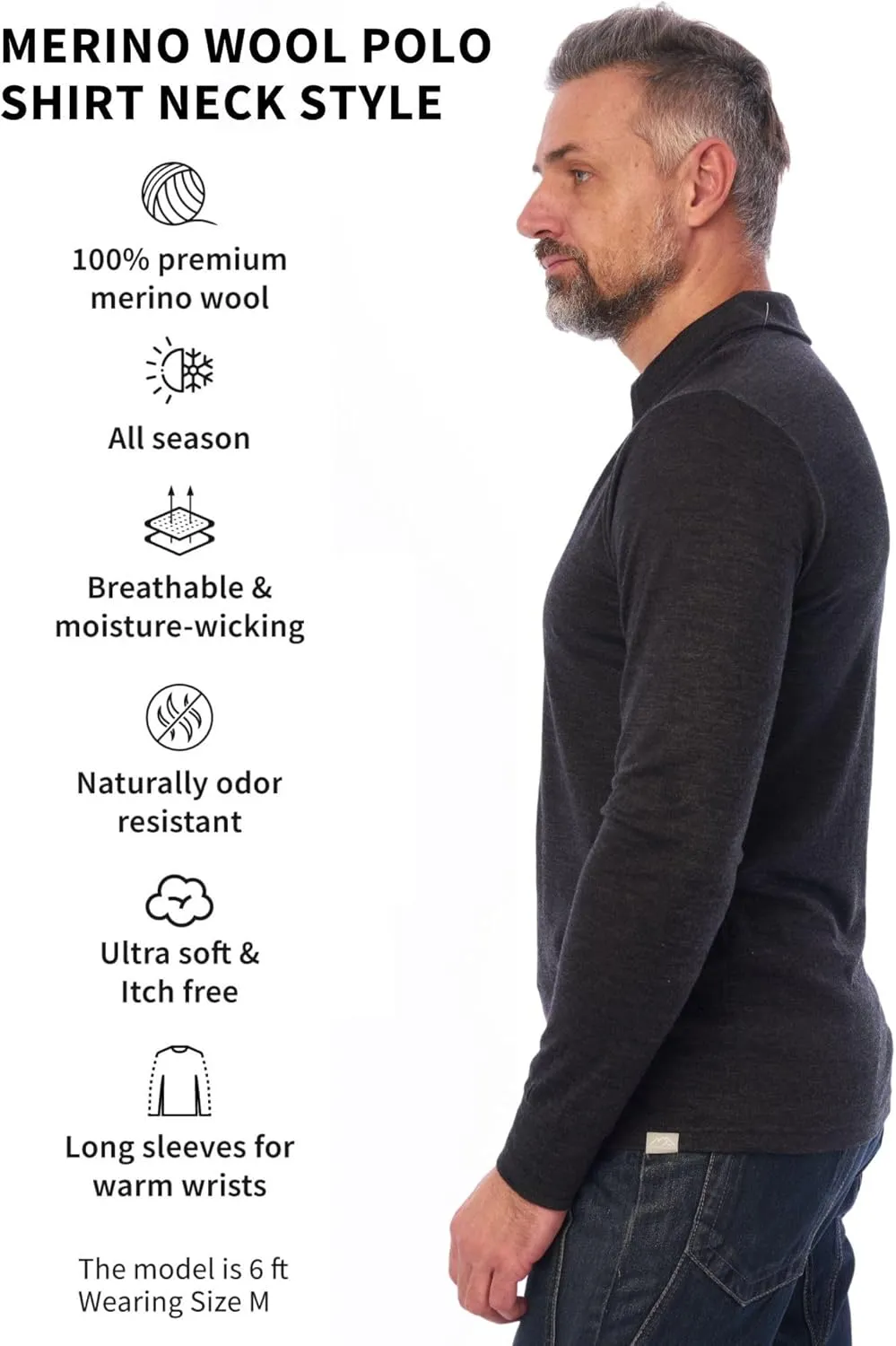 Merino.tech Merino Wool Thermal Long Sleeve Shirt Polo for Men