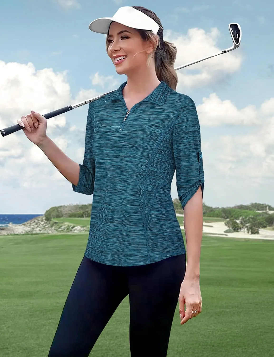 Misyula Style Womens Golf Shirt 3/4 Roll Sleeve Quarter Zip Dry Fit Tennis Shirts Athletic Tops S-2XL