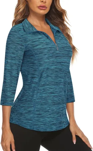 Misyula Style Womens Golf Shirt 3/4 Roll Sleeve Quarter Zip Dry Fit Tennis Shirts Athletic Tops S-2XL