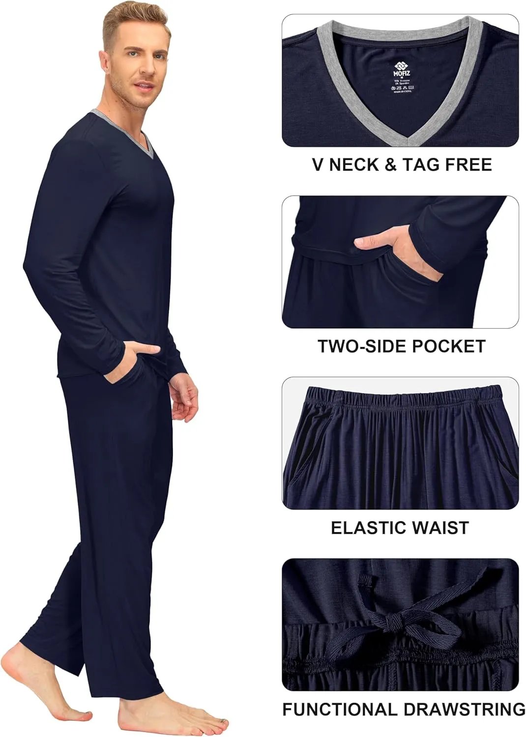 MoFiz Men's Pajama Set Pajamas for Men 2 Piece PJ Set with Long Sleeve Shirts & Plaid Pants with Pockets