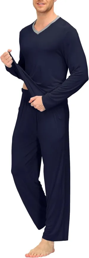 MoFiz Men's Pajama Set Pajamas for Men 2 Piece PJ Set with Long Sleeve Shirts & Plaid Pants with Pockets