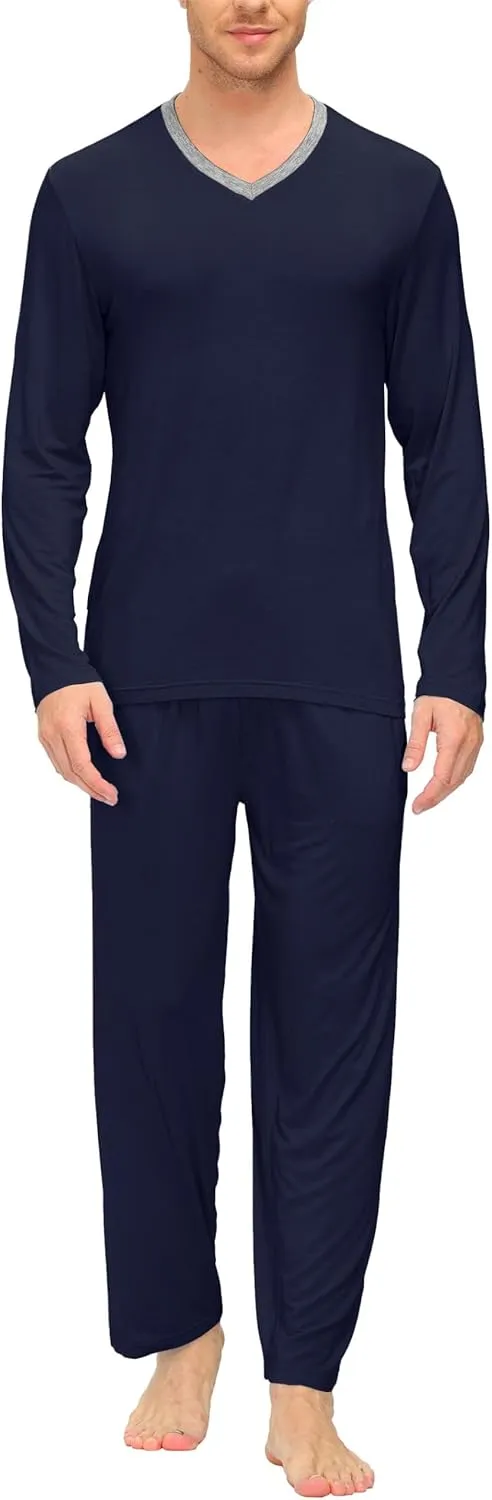 MoFiz Men's Pajama Set Pajamas for Men 2 Piece PJ Set with Long Sleeve Shirts & Plaid Pants with Pockets