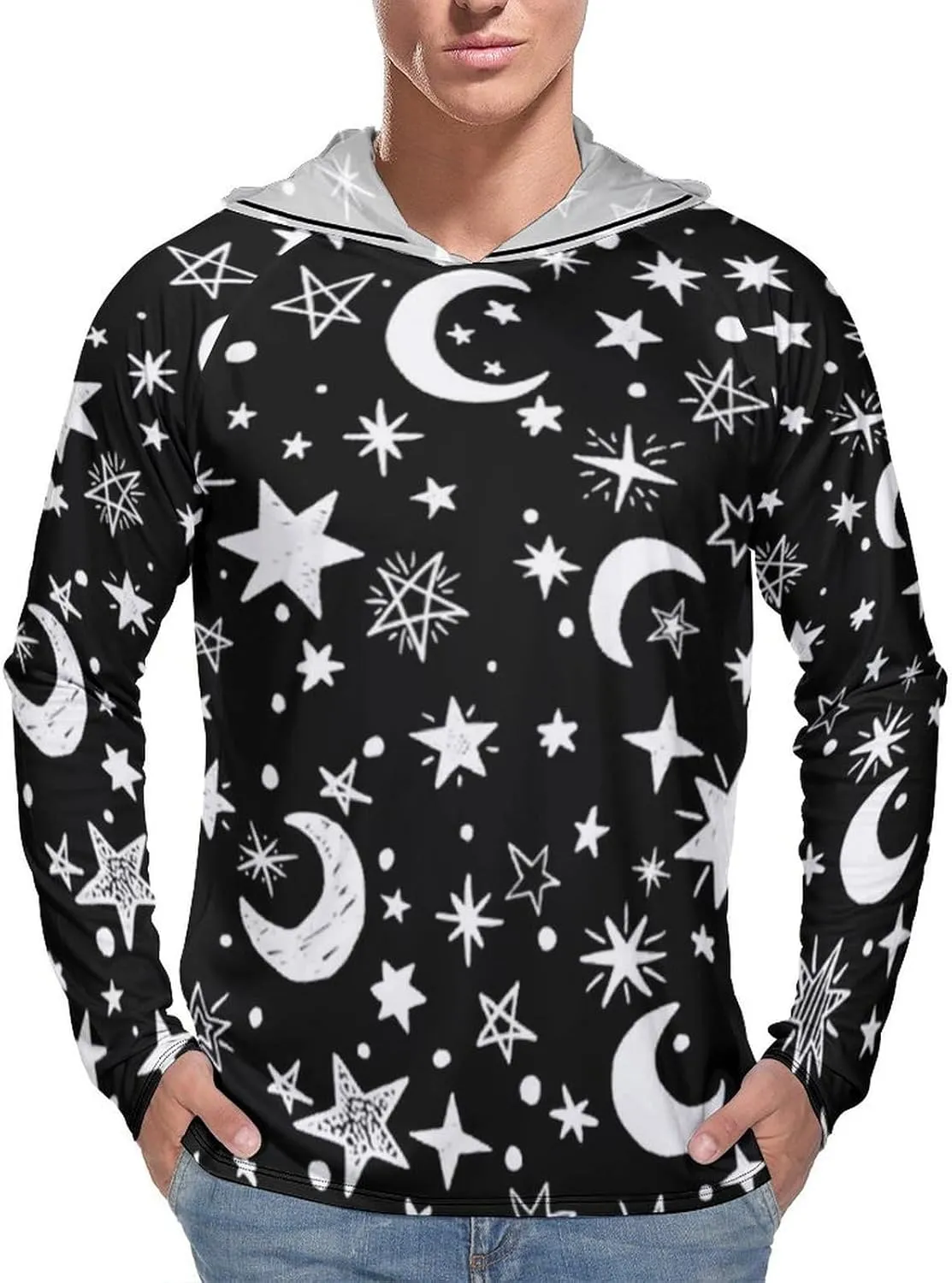 Moons and Stars Black and White Men's Quick Dry Long Sleeve Shirts UV Sun Protection Moisture Wicking T-Shirt M