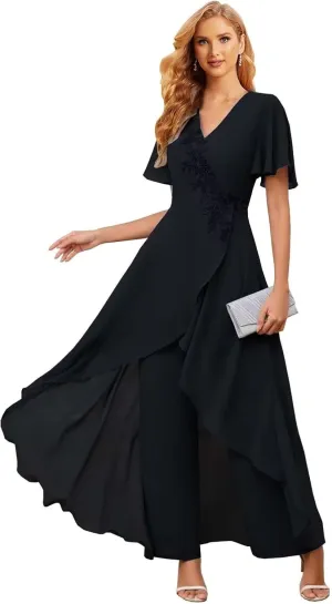 Mother of The Bride Pant Suits for Wedding 2Pcs Chiffon Lace Appliques Short Sleeve Pant Suits for Women Dressy