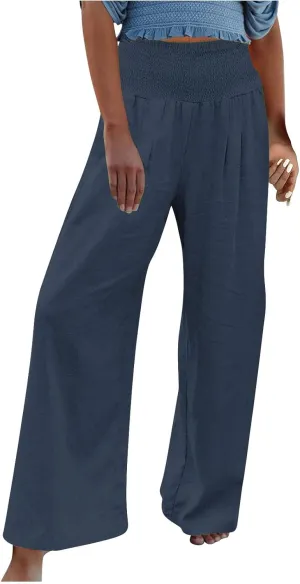 NATHGAM Womens Summer Flowy Cotton Linen Palazzo Pants Beach Smocked High Waisted Lounge Wide Leg Trousers Long with Pockets