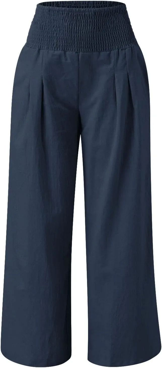 NATHGAM Womens Summer Flowy Cotton Linen Palazzo Pants Beach Smocked High Waisted Lounge Wide Leg Trousers Long with Pockets