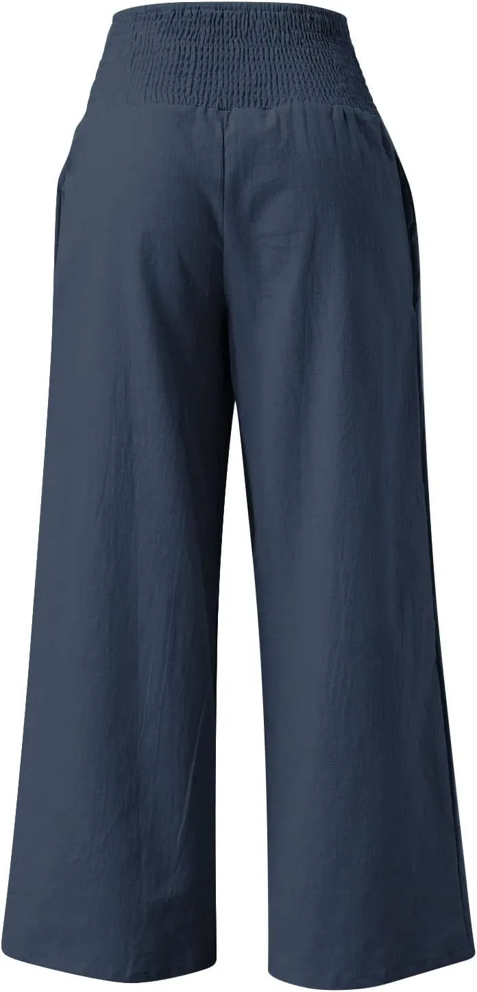 NATHGAM Womens Summer Flowy Cotton Linen Palazzo Pants Beach Smocked High Waisted Lounge Wide Leg Trousers Long with Pockets