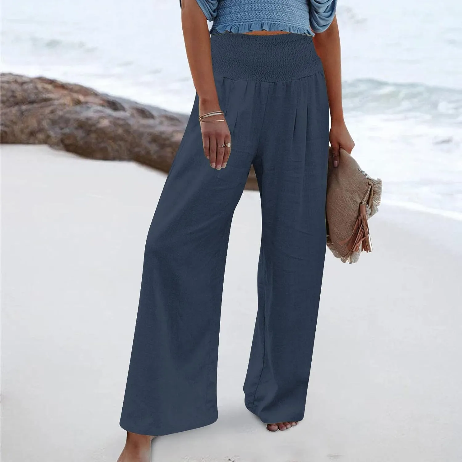 NATHGAM Womens Summer Flowy Cotton Linen Palazzo Pants Beach Smocked High Waisted Lounge Wide Leg Trousers Long with Pockets