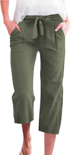 NBXNZWF Capri Pants for Women Casual Summer Cotton Linen Pants Wide Leg Drawstring Elastic High Waist Cropped Trousers
