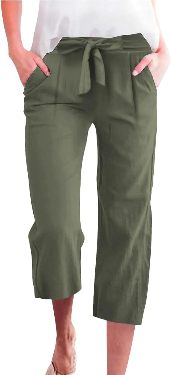 NBXNZWF Capri Pants for Women Casual Summer Cotton Linen Pants Wide Leg Drawstring Elastic High Waist Cropped Trousers