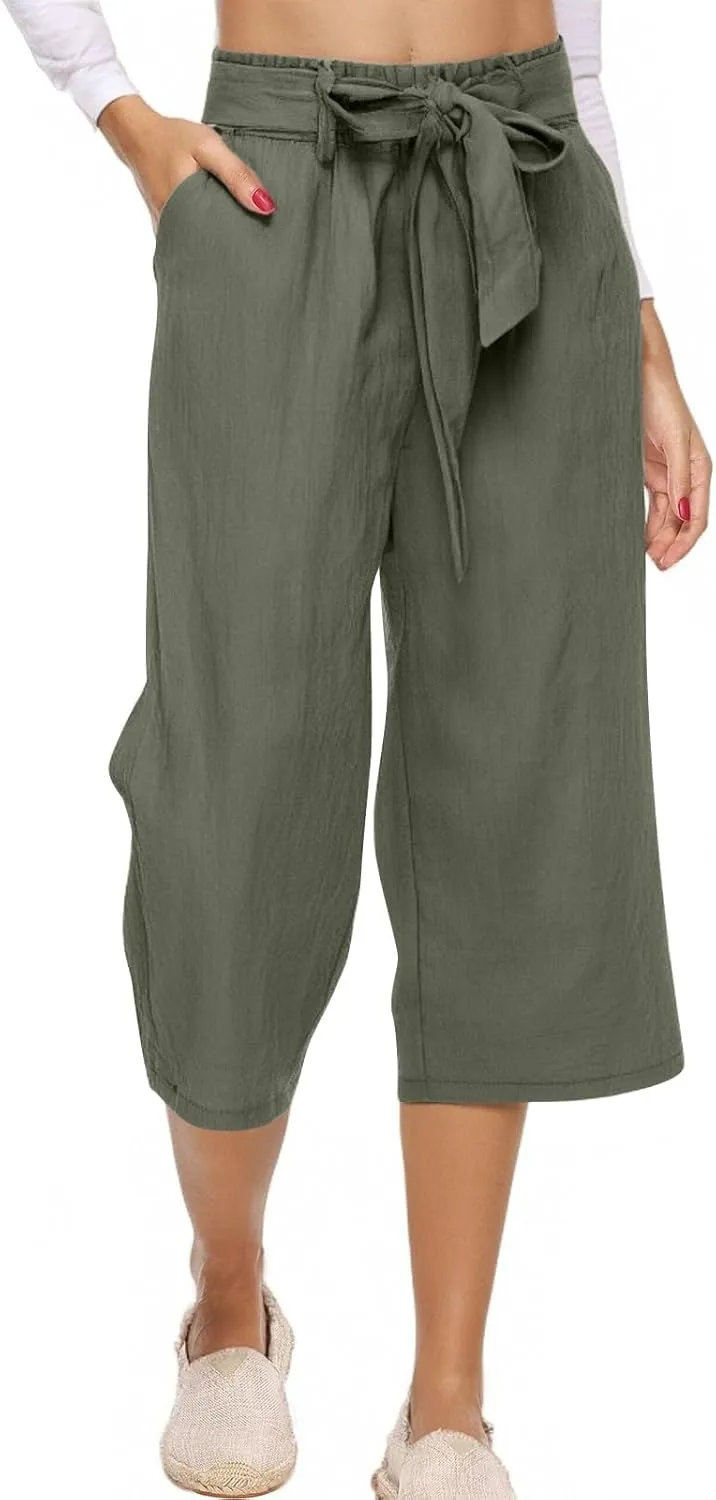NBXNZWF Capri Pants for Women Casual Summer Cotton Linen Pants Wide Leg Drawstring Elastic High Waist Cropped Trousers