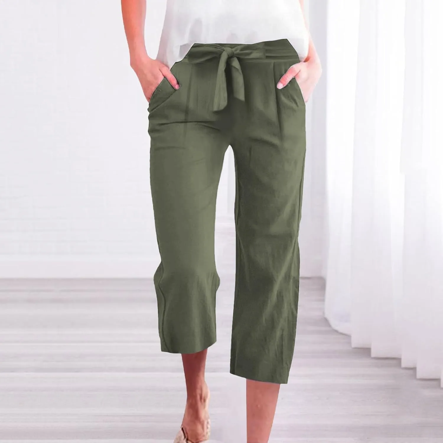 NBXNZWF Capri Pants for Women Casual Summer Cotton Linen Pants Wide Leg Drawstring Elastic High Waist Cropped Trousers