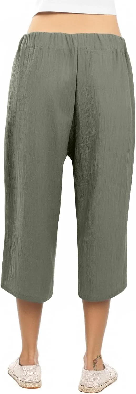 NBXNZWF Capri Pants for Women Casual Summer Cotton Linen Pants Wide Leg Drawstring Elastic High Waist Cropped Trousers