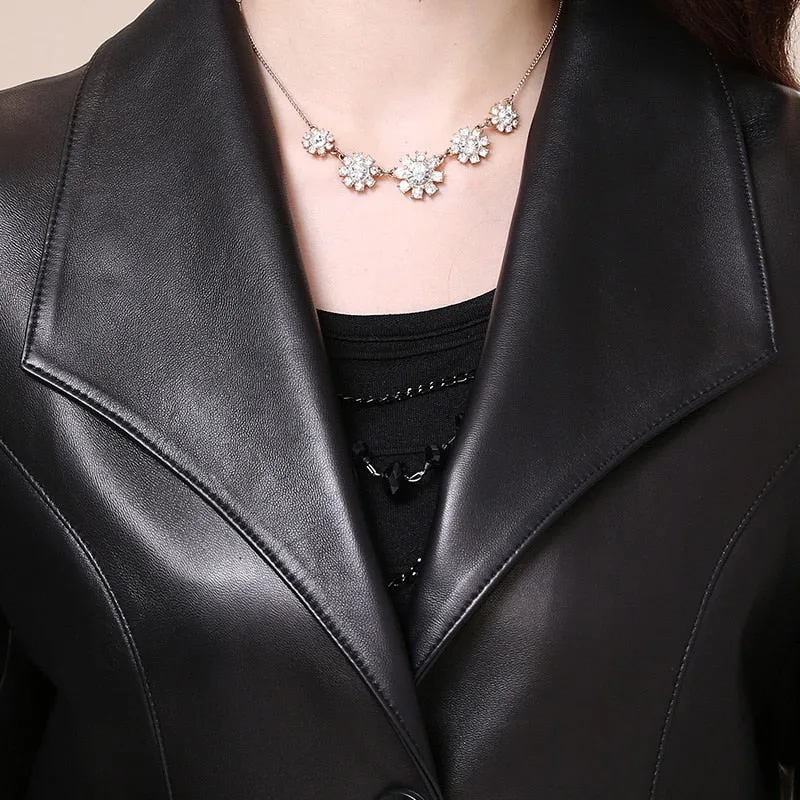 Nerazzurri Spring autumn long black faux leather coat women long sleeve buttons Plus size leather jacket women 2021 5xl 6xl 7xl