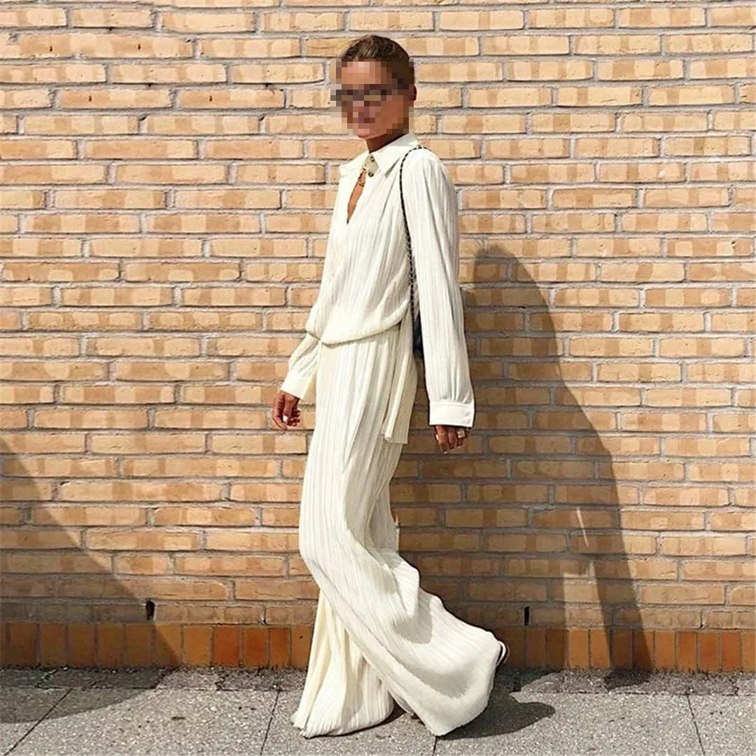 Niiyyjj Beige Pleated Wide Leg Pants Womens Casual Loose Trousers Office Lady Long Palazzo Pants