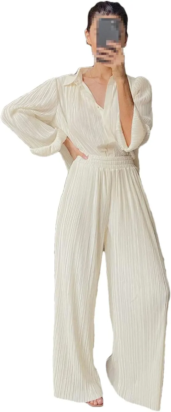 Niiyyjj Beige Pleated Wide Leg Pants Womens Casual Loose Trousers Office Lady Long Palazzo Pants