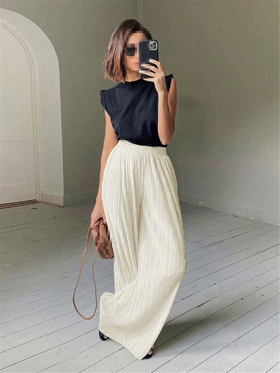 Niiyyjj Beige Pleated Wide Leg Pants Womens Casual Loose Trousers Office Lady Long Palazzo Pants
