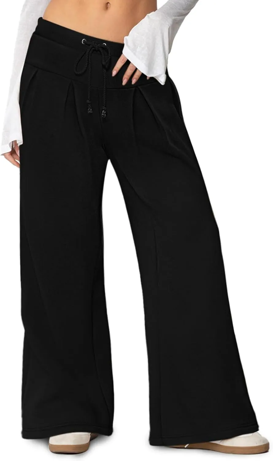 NIMIN Womens Wide Leg Sweatpants Pleated Drawstring High Waisted Baggy Palazzo Pull On Slouchy Pants with Pockets