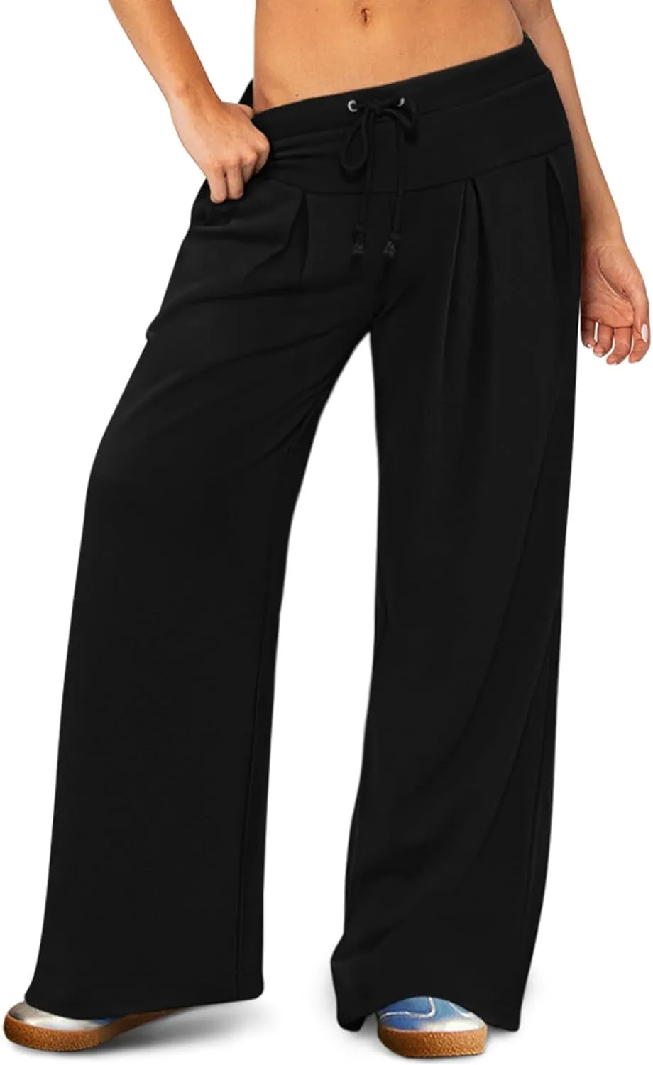 NIMIN Womens Wide Leg Sweatpants Pleated Drawstring High Waisted Baggy Palazzo Pull On Slouchy Pants with Pockets