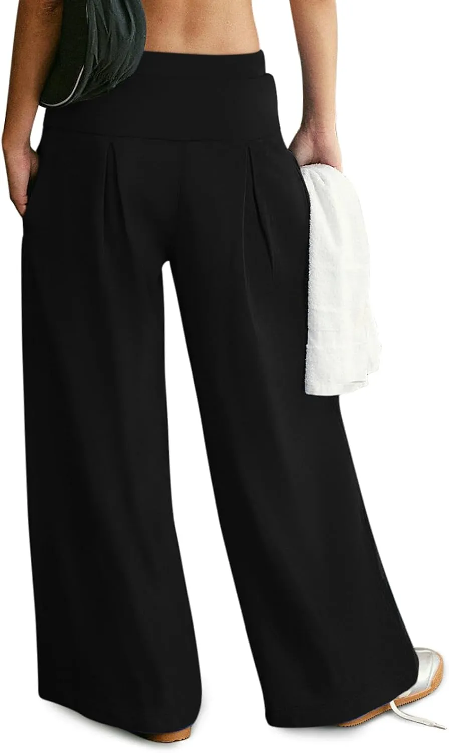 NIMIN Womens Wide Leg Sweatpants Pleated Drawstring High Waisted Baggy Palazzo Pull On Slouchy Pants with Pockets