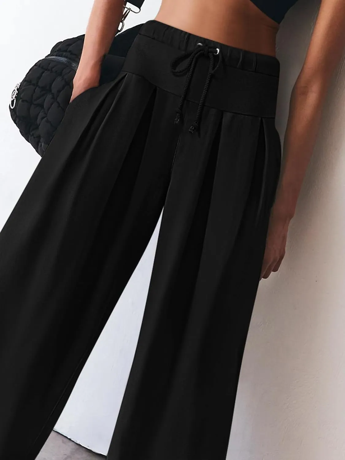 NIMIN Womens Wide Leg Sweatpants Pleated Drawstring High Waisted Baggy Palazzo Pull On Slouchy Pants with Pockets