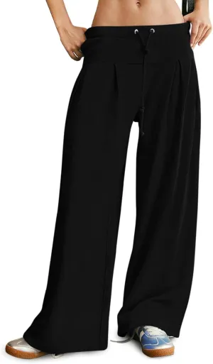 NIMIN Womens Wide Leg Sweatpants Pleated Drawstring High Waisted Baggy Palazzo Pull On Slouchy Pants with Pockets