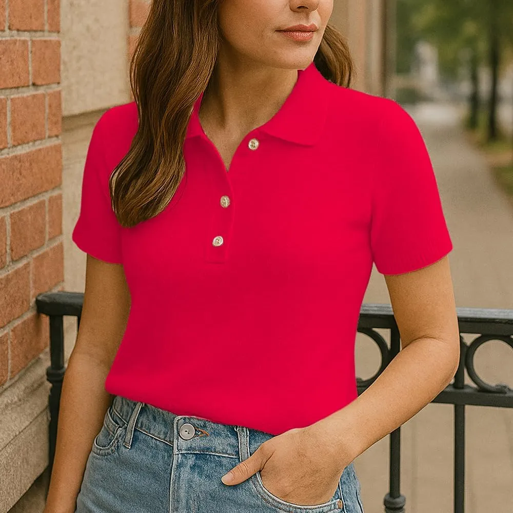 Noni Women's Wool Blend Polo Shirts Spring Summer Sweater Tops Short Sleeve Soft Trendy Business Casual Outfits Wool Sweater