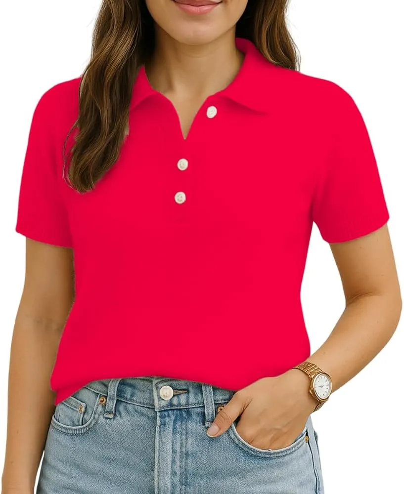 Noni Women's Wool Blend Polo Shirts Spring Summer Sweater Tops Short Sleeve Soft Trendy Business Casual Outfits Wool Sweater