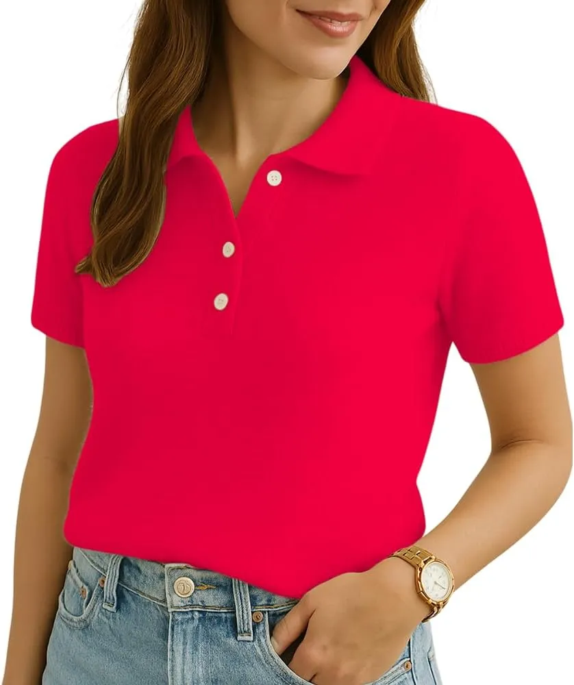 Noni Women's Wool Blend Polo Shirts Spring Summer Sweater Tops Short Sleeve Soft Trendy Business Casual Outfits Wool Sweater