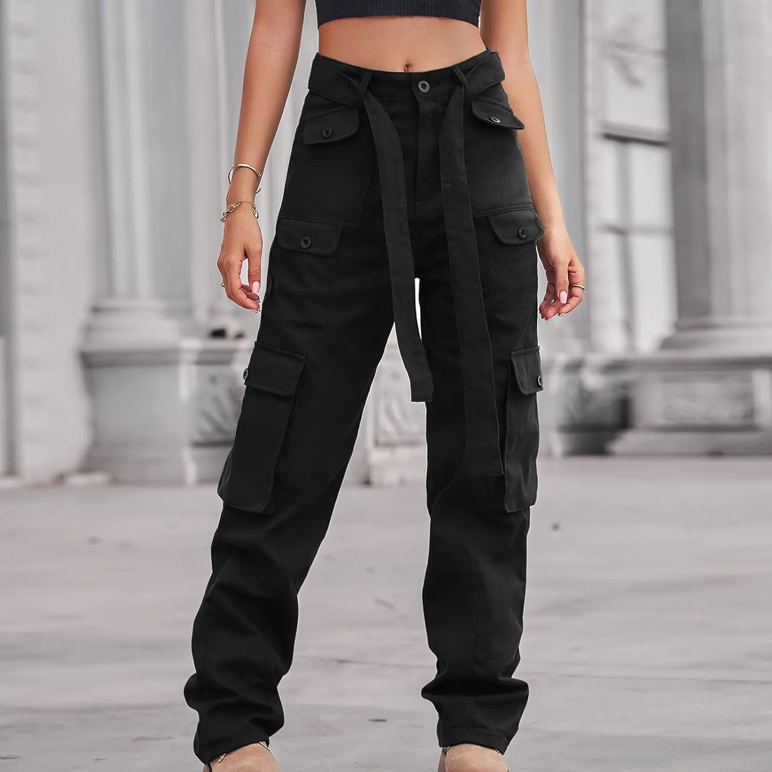Outdoor Cargo Jeans Women's Relax Fit Casual Straight Leg Cargo Pants High Waisted Military Pockets Work Trouser