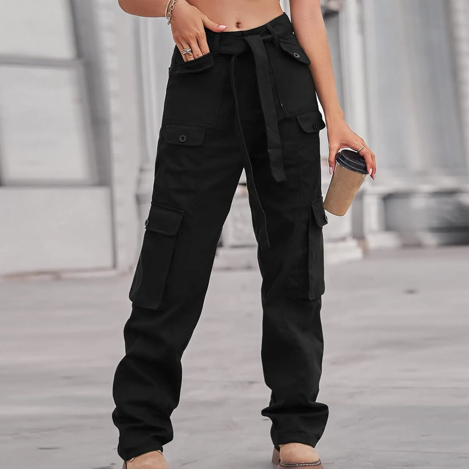 Outdoor Cargo Jeans Women's Relax Fit Casual Straight Leg Cargo Pants High Waisted Military Pockets Work Trouser