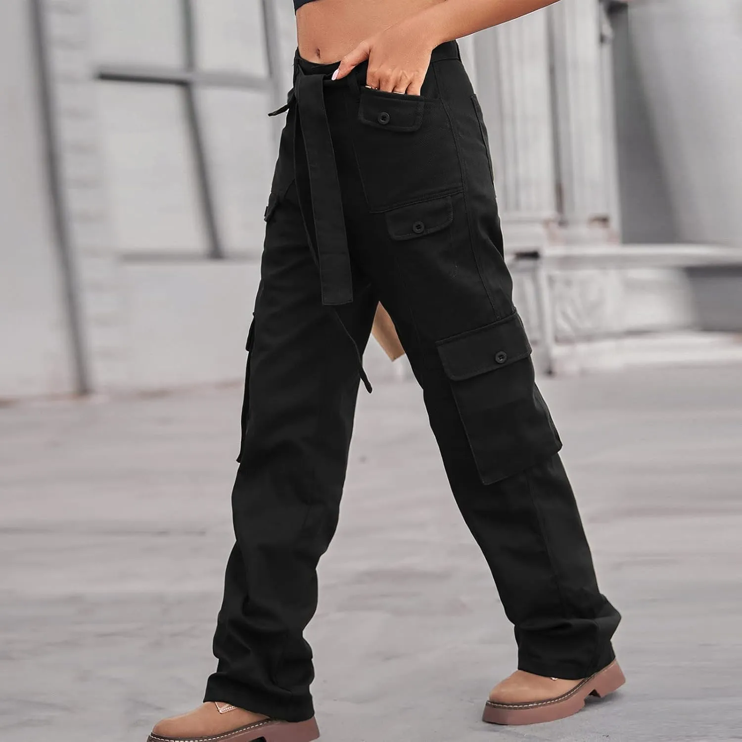 Outdoor Cargo Jeans Women's Relax Fit Casual Straight Leg Cargo Pants High Waisted Military Pockets Work Trouser