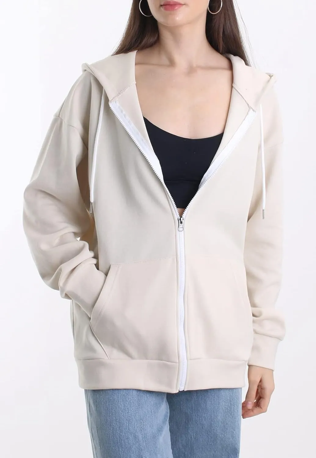 Oversized Women's Casual Full-Zip Hoodie Lightweight Long Sleeve Sweatshirt Casual Jacket with Pocket