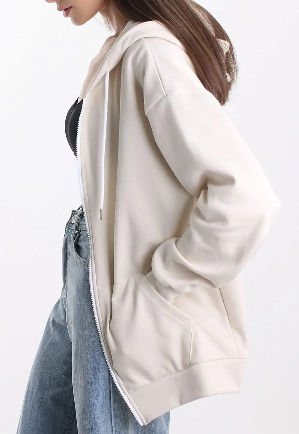 Oversized Women's Casual Full-Zip Hoodie Lightweight Long Sleeve Sweatshirt Casual Jacket with Pocket