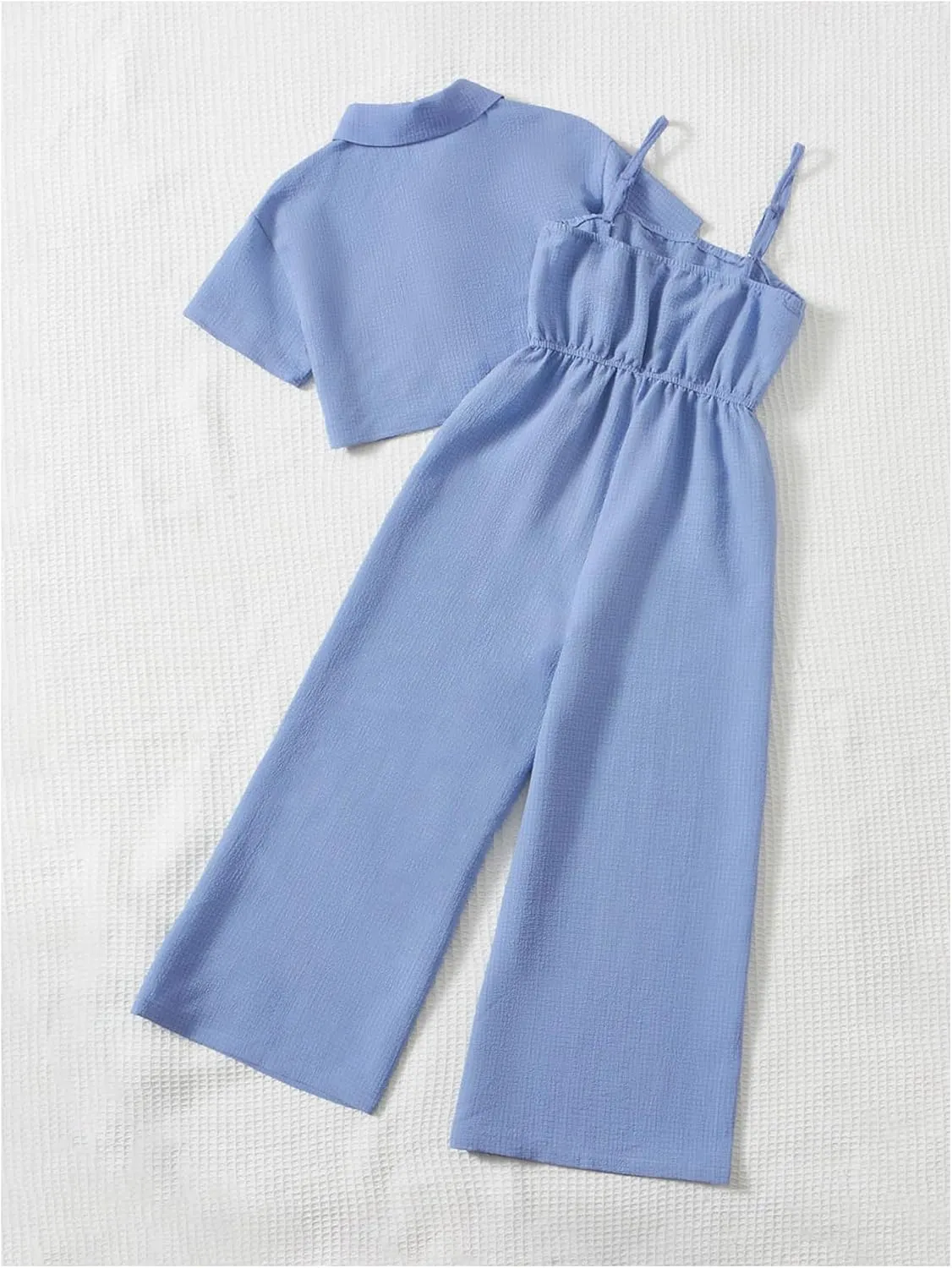 OYOANGLE Girl's 2 Piece Outfits Textured Long Pants Jumpsuit and Short Sleeve Button Down Shirt Set